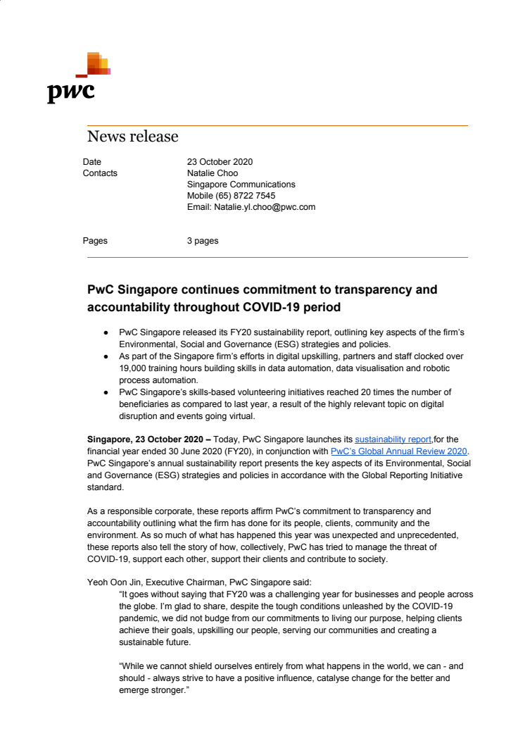 PwC Singapore continues commitment to transparency and accountability throughout COVID-19 period