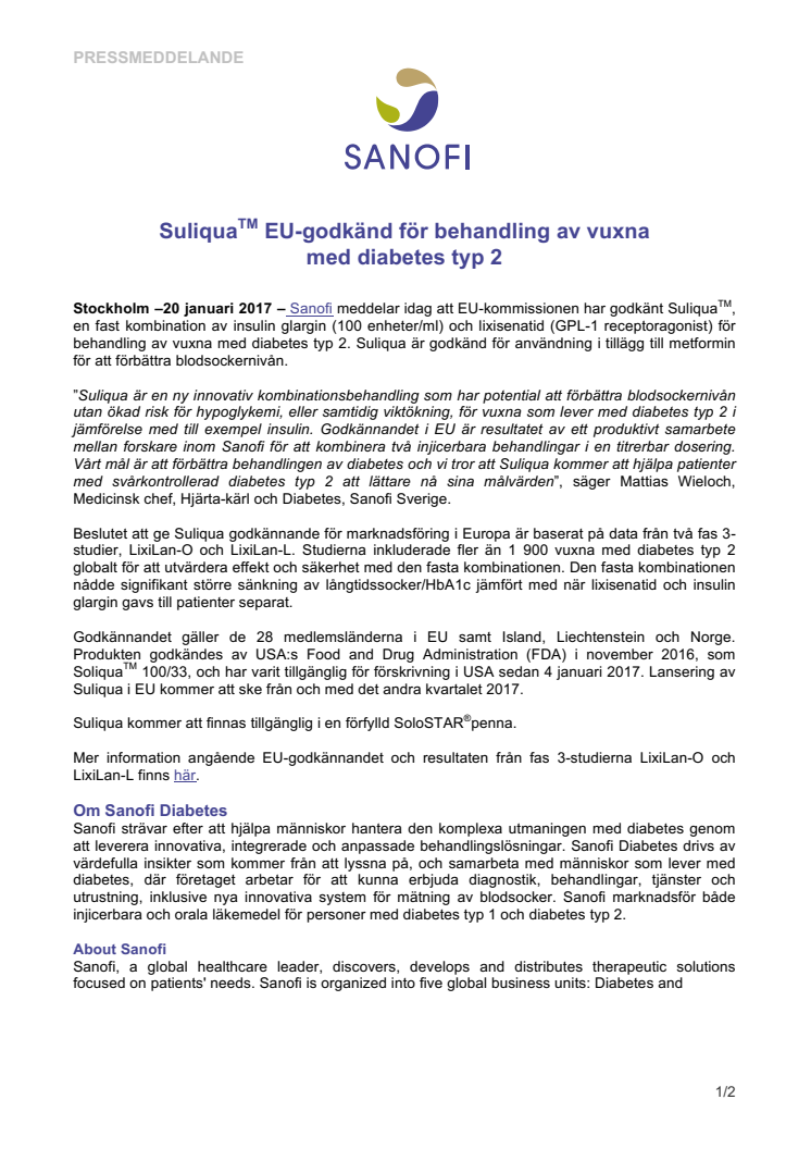 Suliqua EU-godkänd för behandling av vuxna med diabetes typ 2
