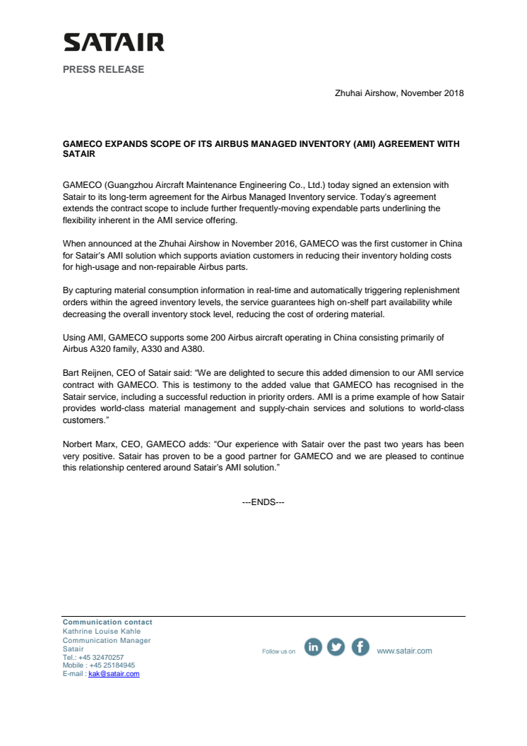   GAMECO EXPANDS SCOPE OF ITS AIRBUS MANAGED INVENTORY (AMI) AGREEMENT WITH SATAIR