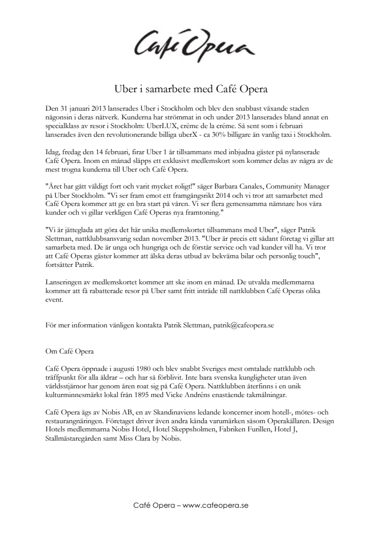 Uber i samarbete med Café Opera