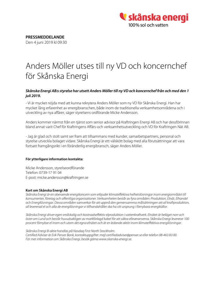 Anders Möller utses till ny VD och koncernchef för Skånska Energi