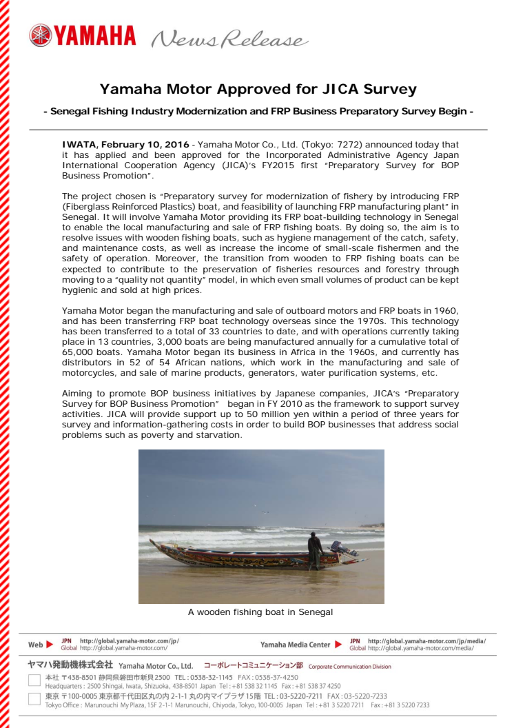Yamaha Motor Approved for JICA Survey - Senegal Fishing Industry Modernization and FRP Business Preparatory Survey Begin -