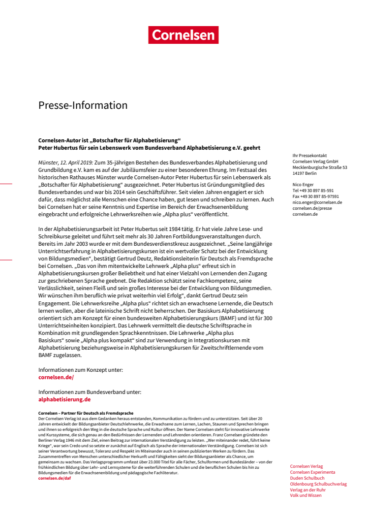 Cornelsen-Autor ist „Botschafter für Alphabetisierung“ - Peter Hubertus für sein Lebenswerk vom Bundesverband Alphabetisierung e.V. geehrt 