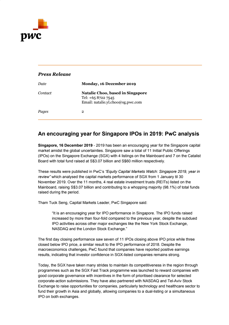 An encouraging year for Singapore IPOs in 2019: PwC analysis