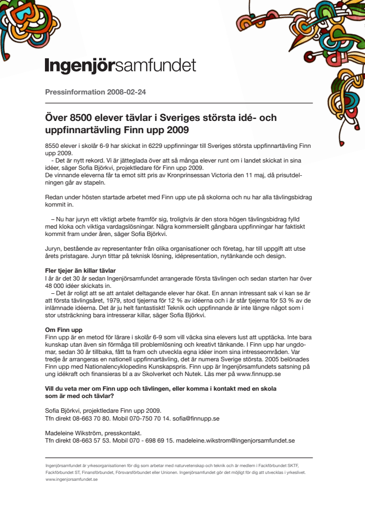 Över 8500 elever tävlar i Sveriges största idé- och uppfinnartävling Finn upp 2009