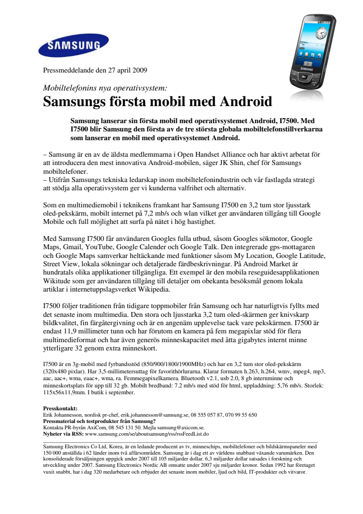 Samsungs första mobil med Android