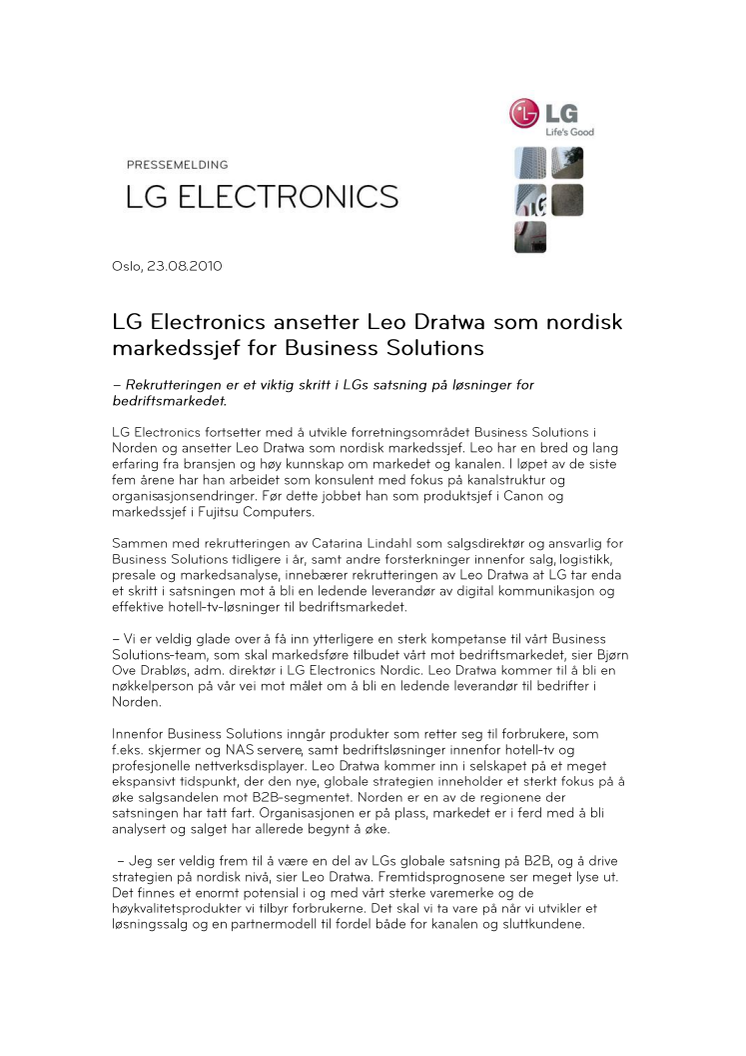 LG Electronics ansetter Leo Dratwa som nordisk markedssjef for Business Solutions