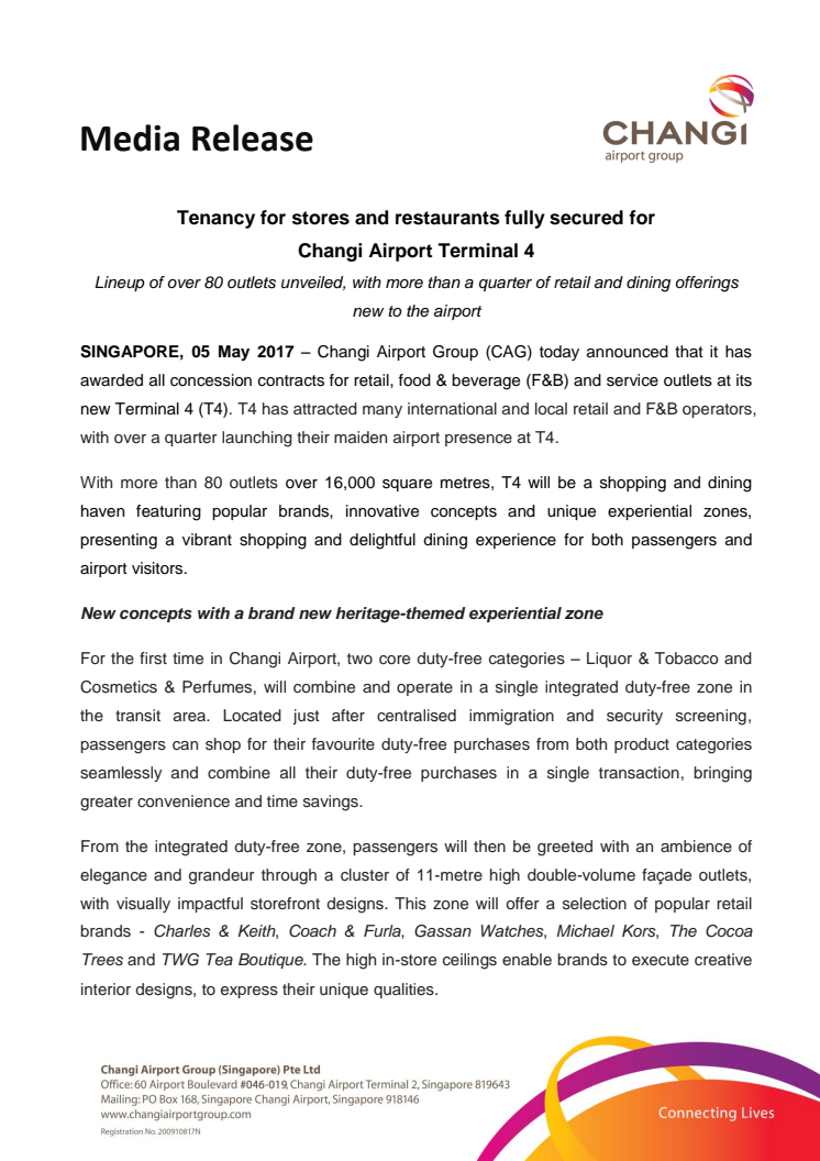 Tenancy for stores and restaurants fully secured for Changi Airport Terminal 4