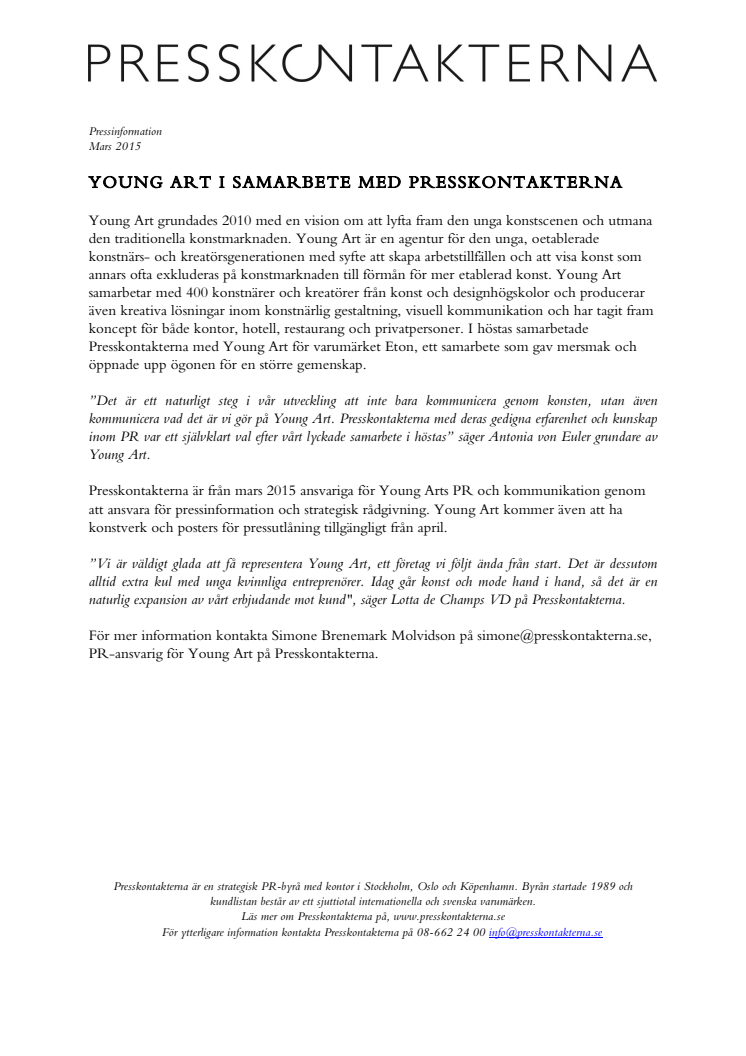 Young Art samarbetar med PR byrån Presskontakterna
