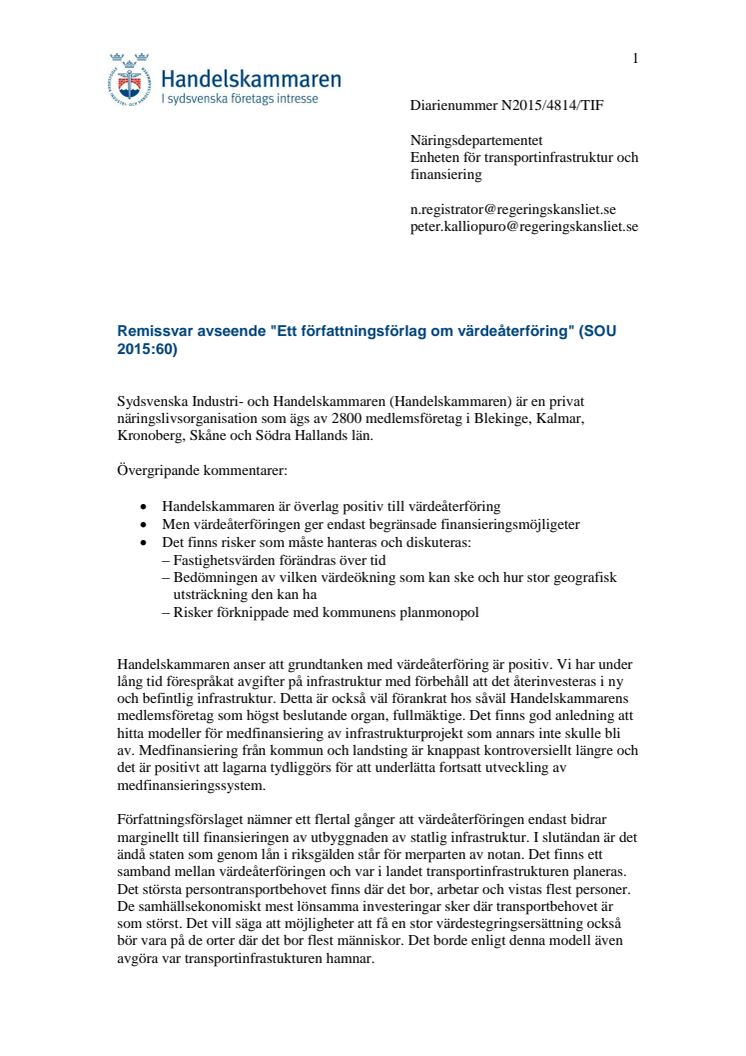 Remiss N2015/4841/TIF Delrapport från Sverigeförhandlingen- Ett författningsförslag om värdeåterföring