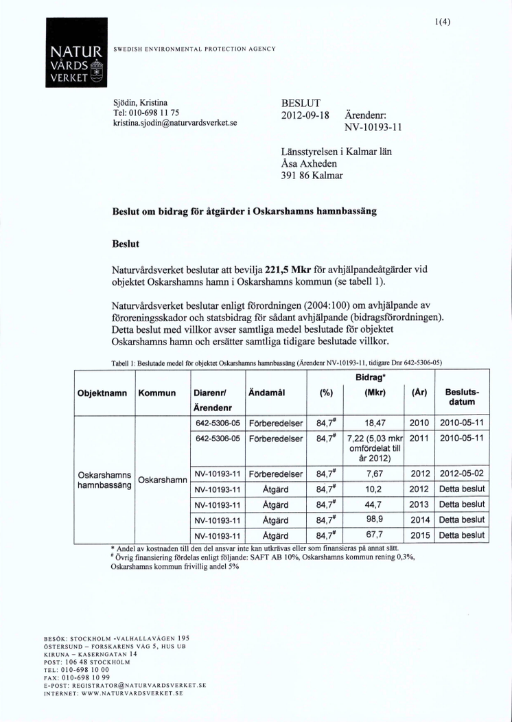 Naturvårdsverkets finansieringsbeslut för sanering av etapp 1 och 2, Oskarshamns hamnbassäng