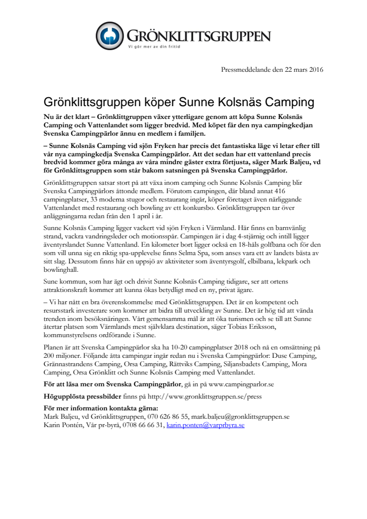 ​  Grönklittsgruppen köper Sunne Kolsnäs Camping