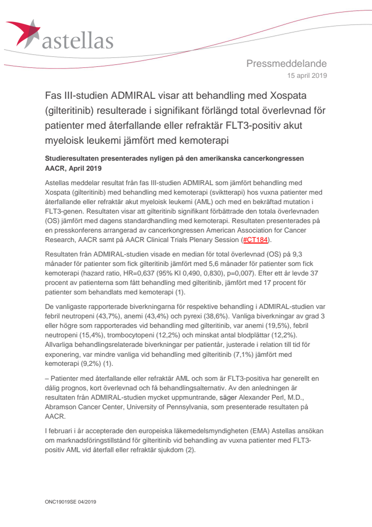 Fas III-studien ADMIRAL visar att behandling med Xospata (gilteritinib) resulterade i signifikant förlängd total överlevnad för patienter med återfallande eller refraktär FLT3-positiv akut myeloisk leukemi jämfört med kemoterapi