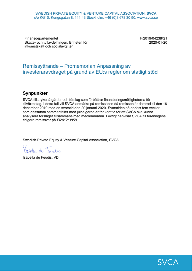Promemorian Anpassning av investeraravdraget på grund av EU:s regler om statligt stöd