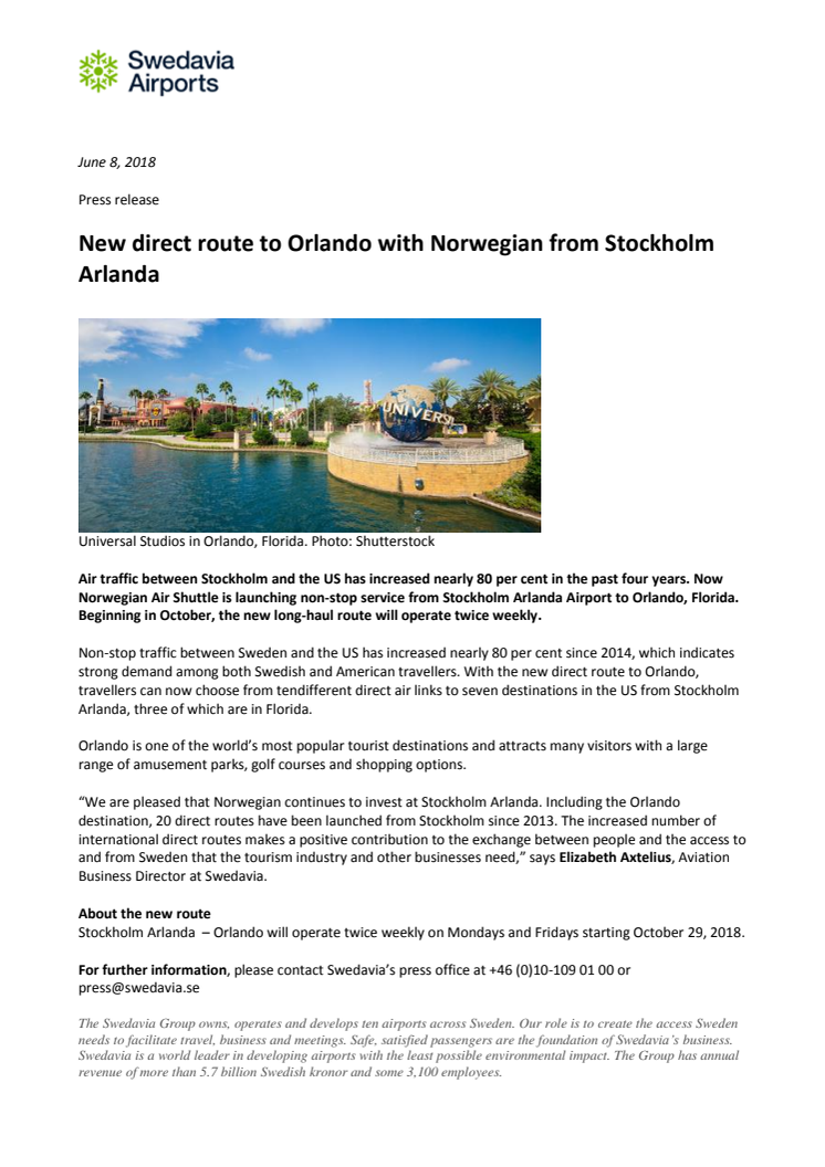 New direct route to Orlando with Norwegian from Stockholm Arlanda