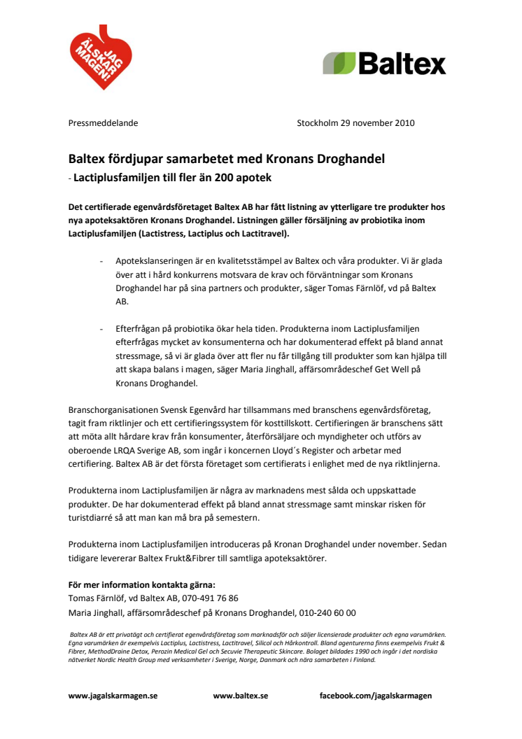Baltex fördjupar samarbetet med Kronans Droghandel - Lactiplusfamiljen till fler än 200 apotek