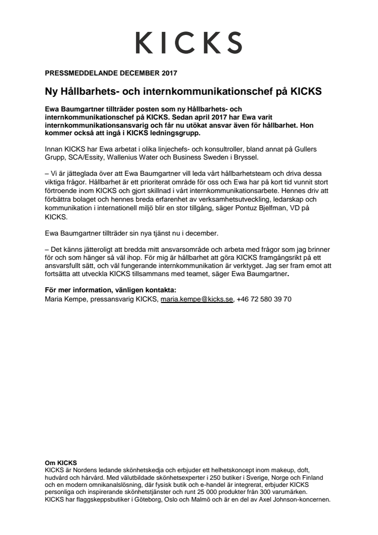 Ny Hållbarhets- och internkommunikationschef på KICKS