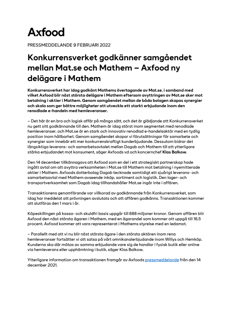 Konkurrensverket godkänner samgåendet mellan Mat.se och Mathem – Axfood ny delägare i Mathem .pdf