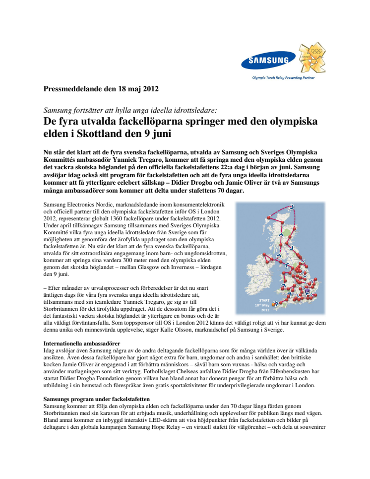 Samsung fortsätter att hylla unga ideella idrottsledare: De fyra utvalda fackellöparna springer med den olympiska elden i Skottland den 9 juni