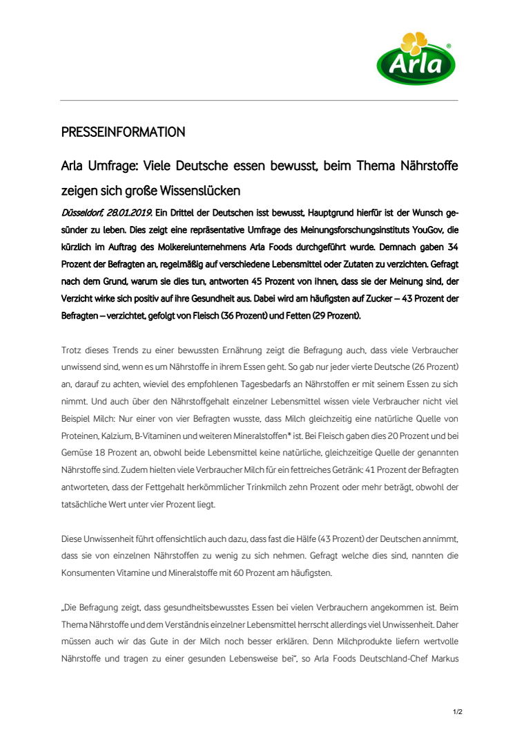 Arla Umfrage: Viele Deutsche essen bewusst, beim Thema Nährstoffe zeigen sich große Wissenslücken