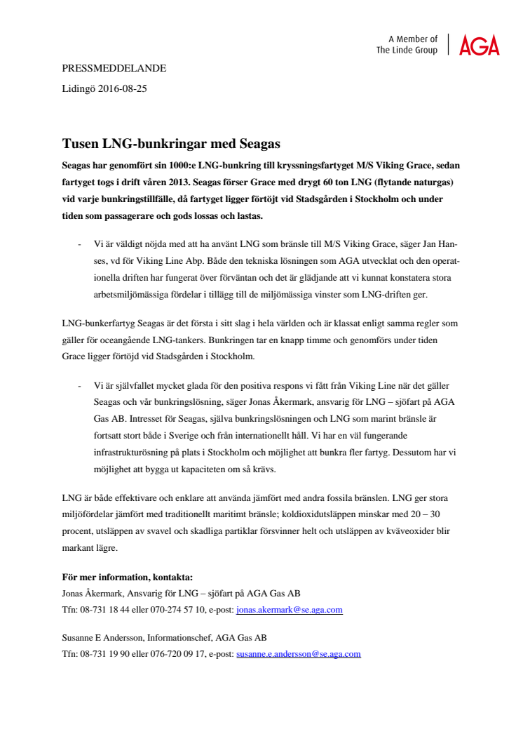 Tusen LNG-bunkringar med Seagas