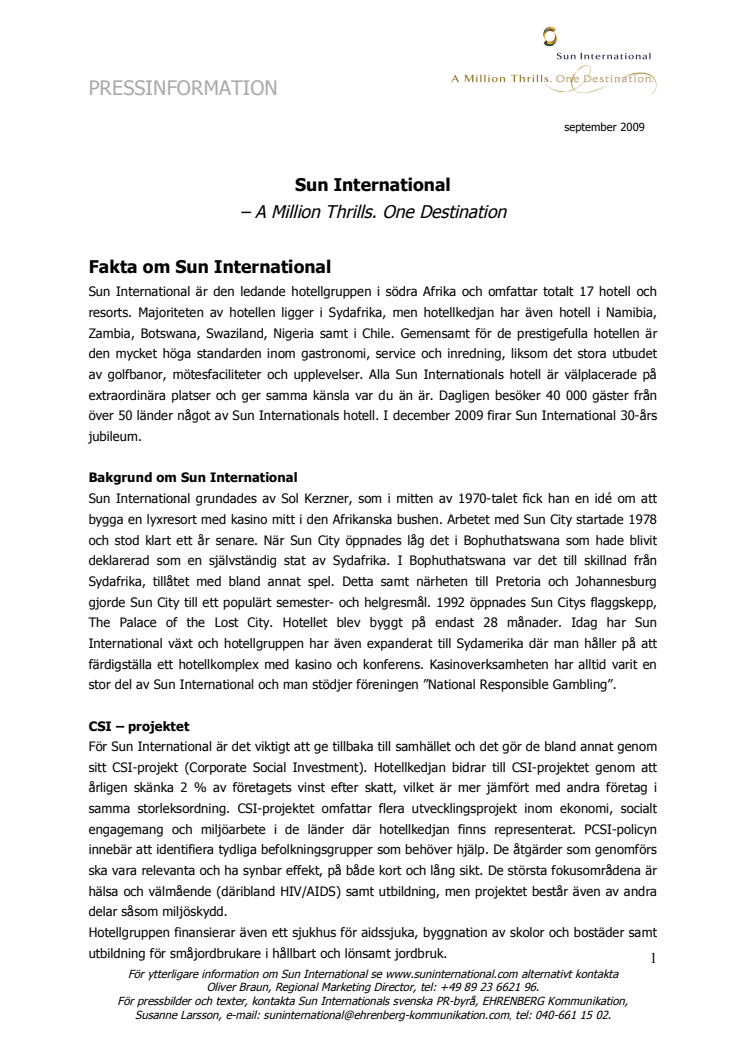 Sun International: Pressinformation