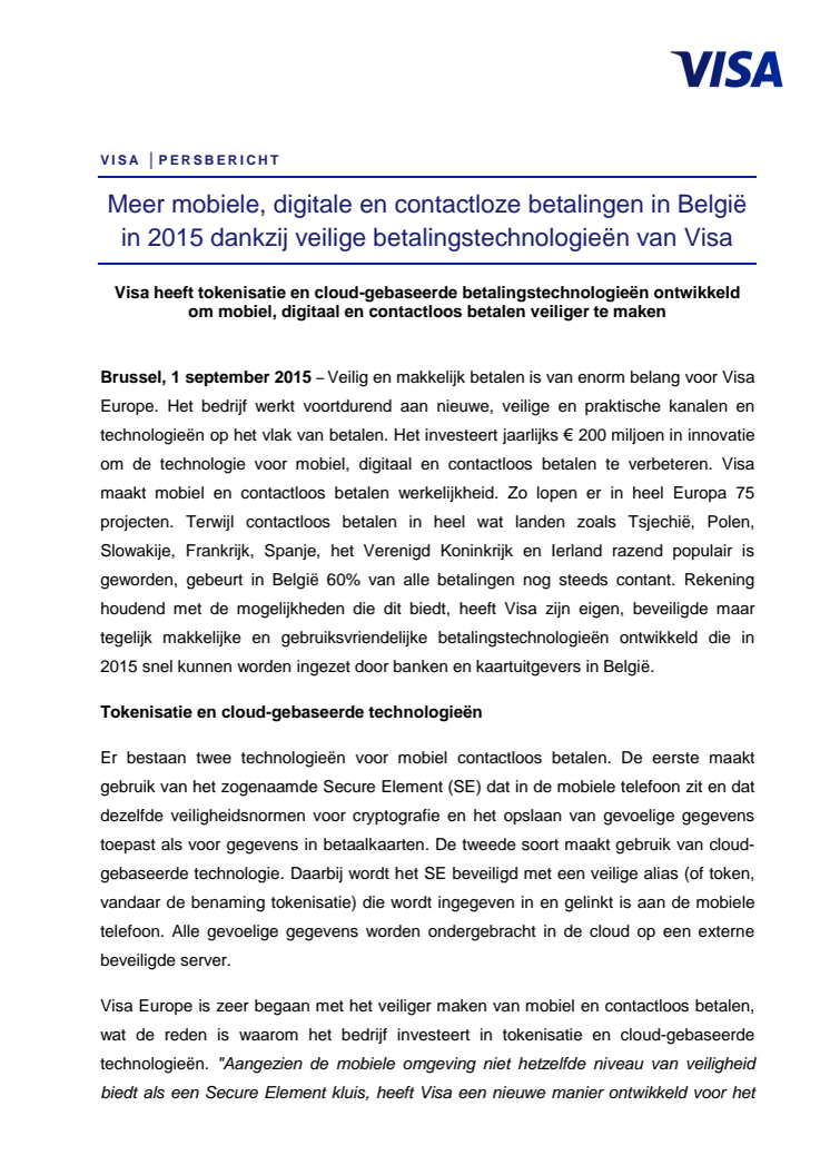 Meer mobiele, digitale en contactloze betalingen in België in 2015 dankzij veilige betalingstechnologieën van Visa 