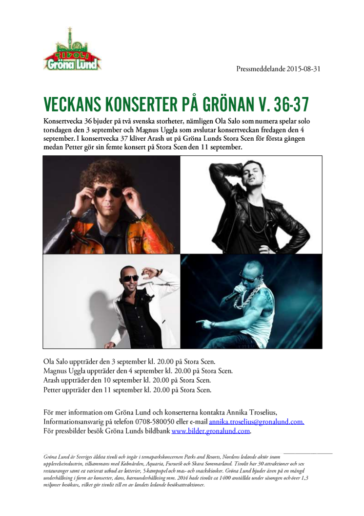 Veckans konserter på Grönan V. 36-37