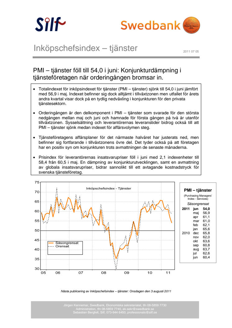 Inköpschefsindex - tjänster avseende juni 2011