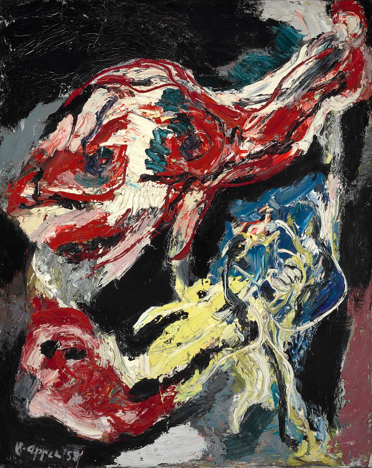 Karel Appel- Grosses Tier verschlingt kleines Tier (Det store dyr sluger det lille dyr), 1958. Sign. C.K. Appel. Olie på lærred. 162 x 130.