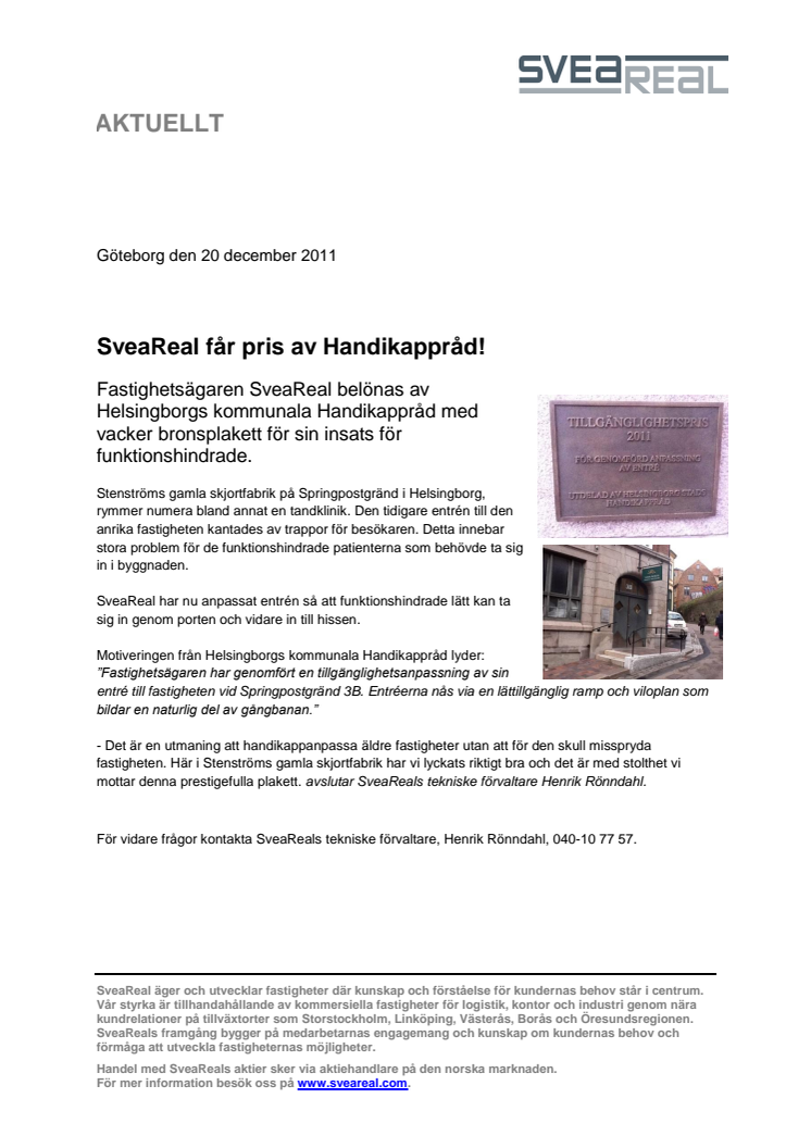 SveaReal får pris av Handikappråd!