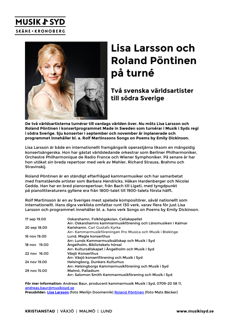 Lisa Larsson och Roland Pöntinen på turné: Två svenska världsartister till södra Sverige