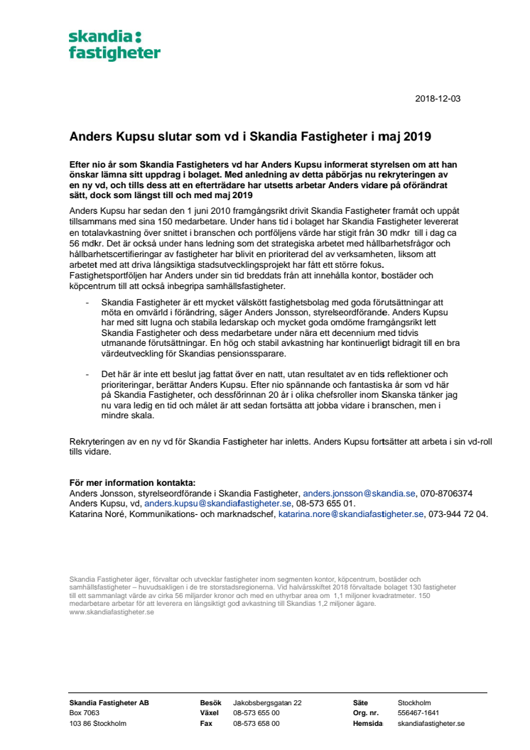Anders Kupsu slutar som vd i Skandia Fastigheter i maj 2019
