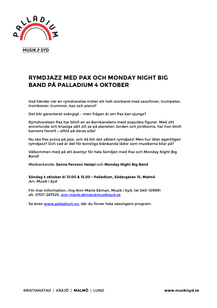 Rymdjazz med Pax och Monday Night Big Band på Palladium 4 oktober