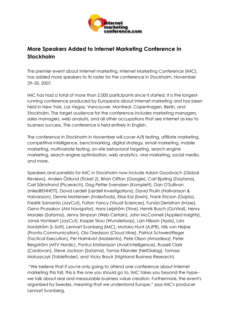 More Speakers Added to Internet Marketing Conference in Stockholm