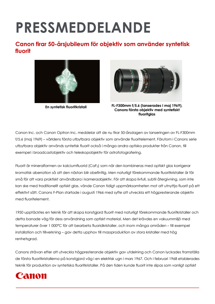 Canon firar 50-årsjubileum för objektiv som använder syntetisk fluorit