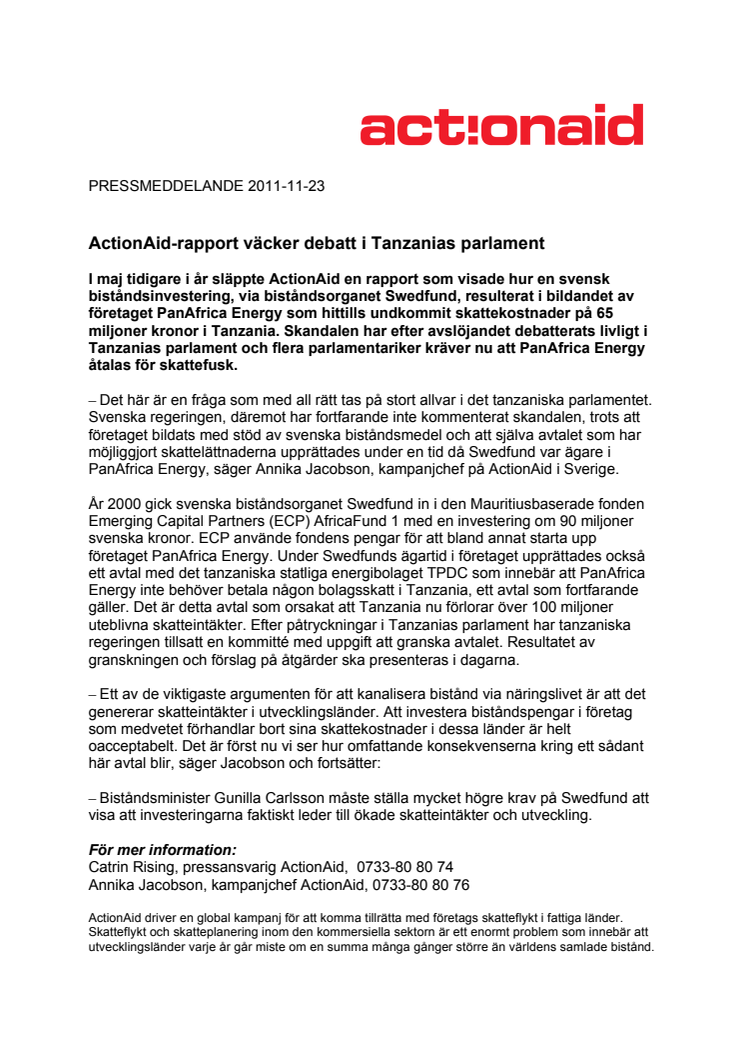 ActionAid-rapport väcker debatt i Tanzanias parlament  