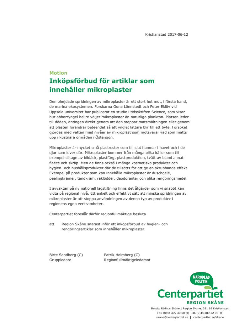 Motion - Inköpsförbud för artiklar som innehåller mikropaster