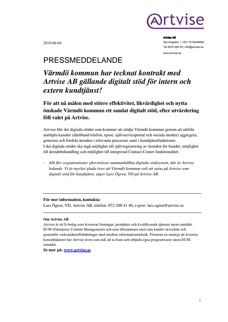 Värmdö kommun har tecknat kontrakt med Artvise AB gällande digitalt stöd för intern och extern kundtjänst!