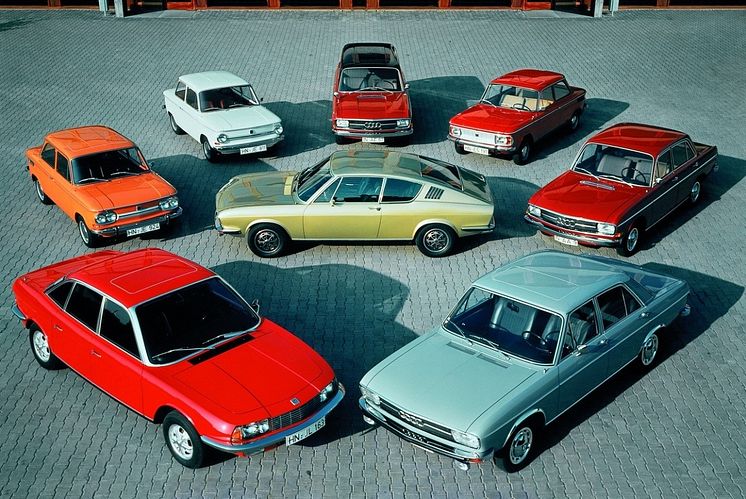 1971 portefølje af Audi og NSU, der repræsenterer Vorsprung durch Technik