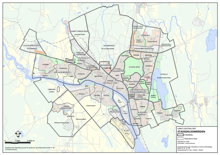 Karta över stadsdelsområden i Umeå
