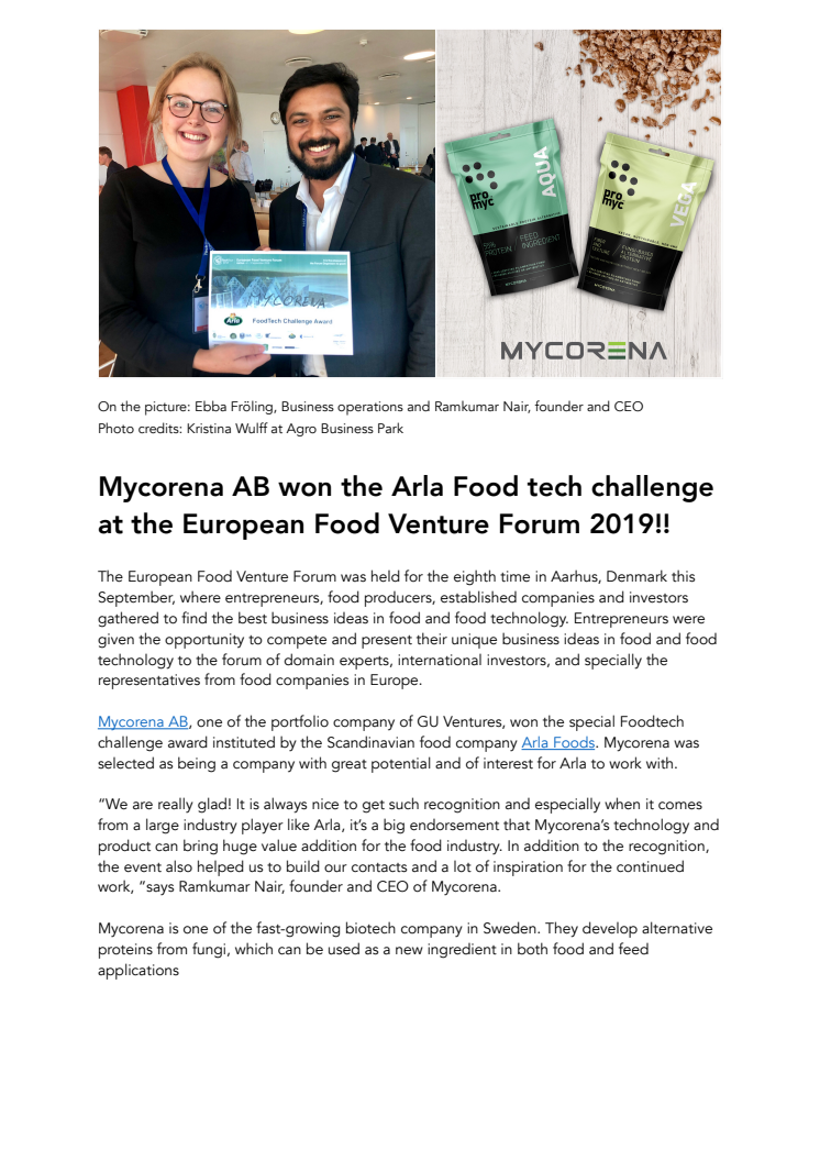 Mycorena AB won the Arla Food tech challenge at the European Food Venture Forum 2019!!