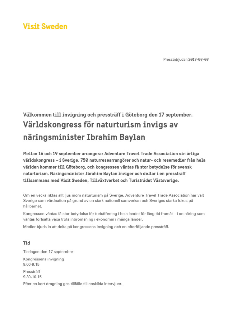 Välkommen till invigning och pressträff i Göteborg den 17 september: Världskongress för naturturism invigs av näringsminister Ibrahim Baylan 