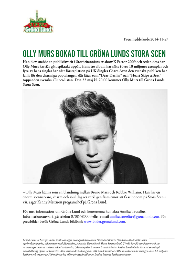 Olly Murs bokad till Gröna Lunds Stora Scen