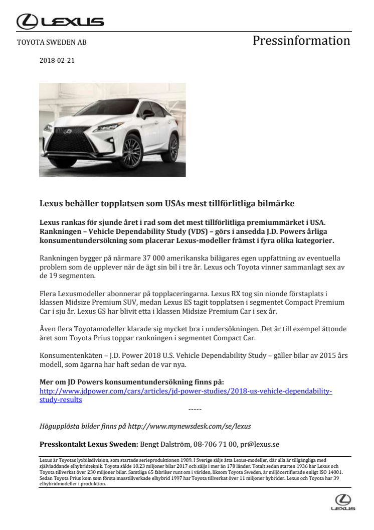 Lexus behåller topplatsen som USAs mest tillförlitliga bilmärke