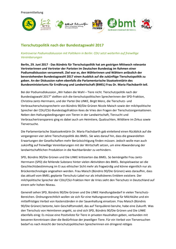 Tierschutzpolitik nach der Bundestagswahl - Kontroverse Podiumsdiskussion mit Politikern in Berlin