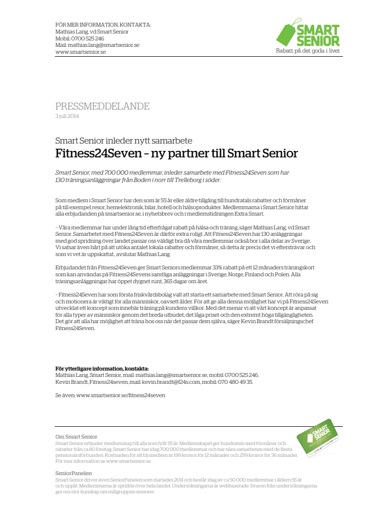 Smart Senior inleder samarbete med Fitness24Seven