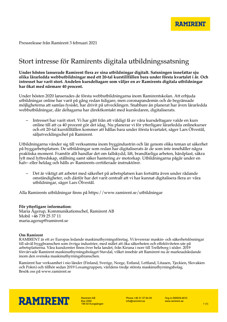 Stort intresse för Ramirents digitala utbildningssatsning