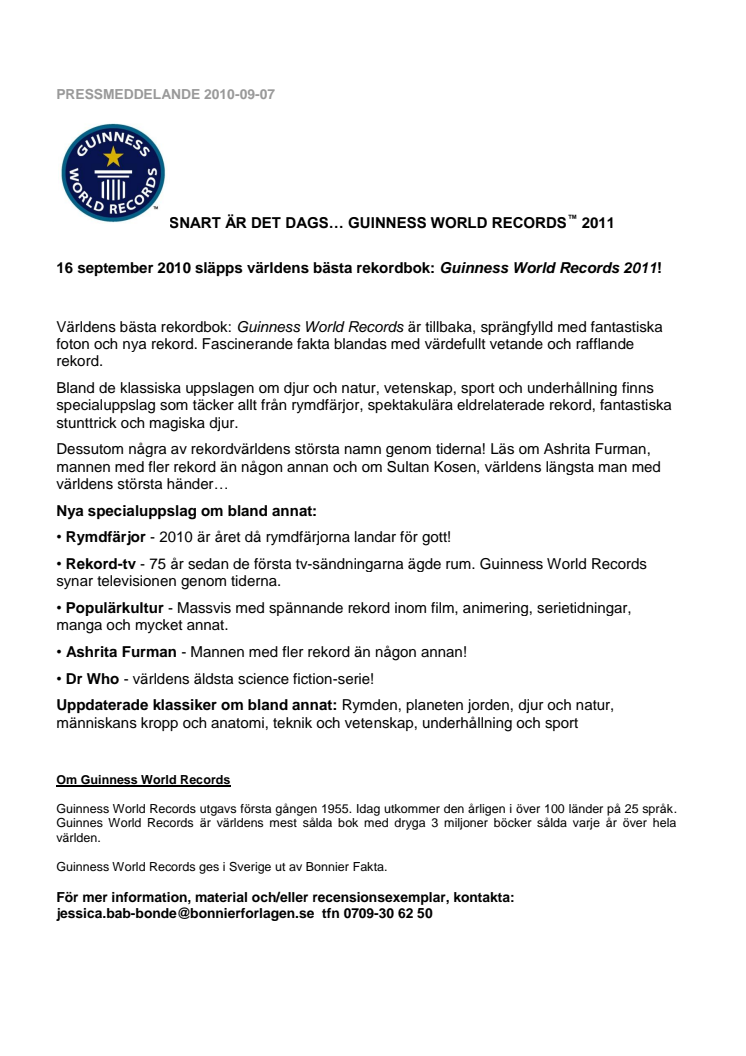 SNART ÄR DET DAGS… GUINNESS WORLD RECORDS™ 2011