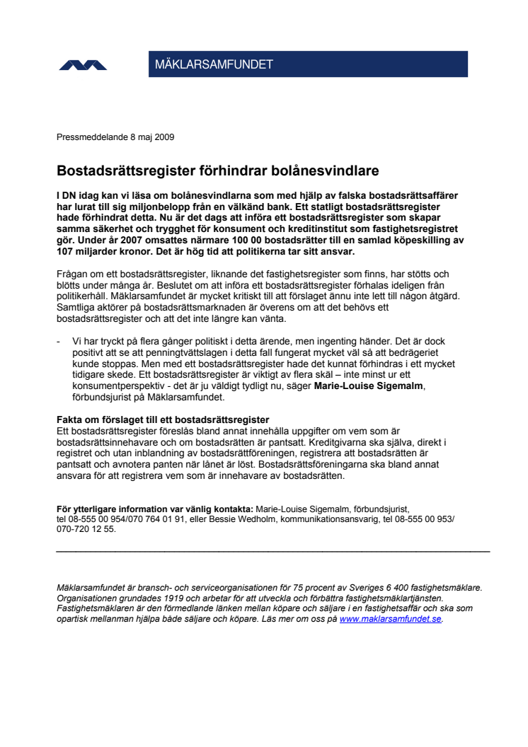 Bostadsrättsregister förhindrar bolånesvindlare